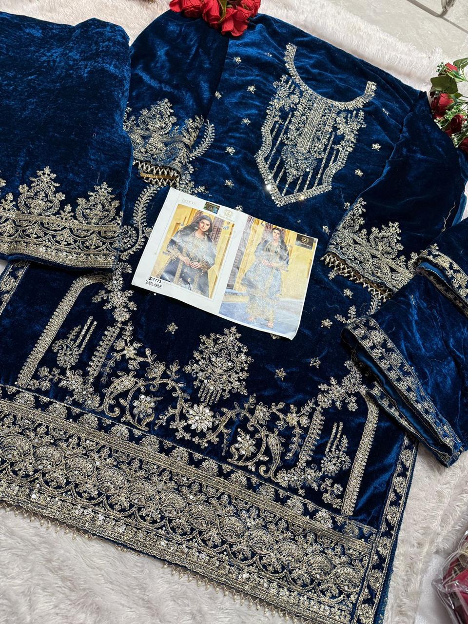 Ziaaz Designs 640 Colour Velvet Embroidery Pakistani Suits Exporters In India